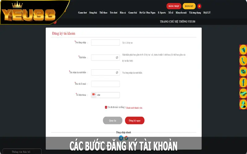 Các bước đăng ký tài khoản tại nhà cái Yeu88